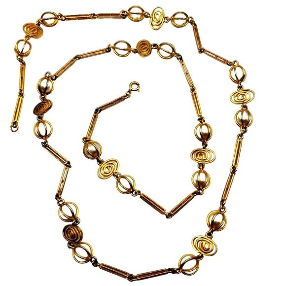 Faux Pearl Long Necklace Gold Tone Scroll Chain Vintage 1970s Flapper 36 1/2" - Picture 3 of 7